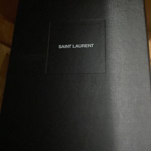 saint Laurent Box and verification card along with two saint Laurent shoe sacks